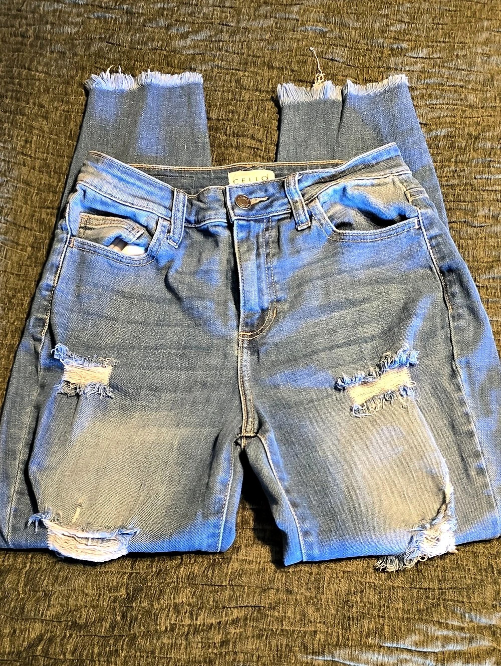 Cello High Rise Distressed Ankle Skinny Jeans with Raw Hem Distressed Like New